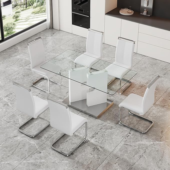 Glass Dining Table Set for 6, 63" White Dinner Room Table Set for 6, Modern Kitchen Table with 6 Upholstered PU Leather Dining Chairs for Dining Room
