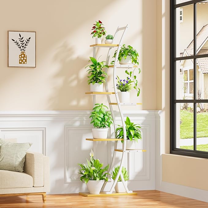 Plant Stand Indoor with Grow Lights - 7 Tiered Tall Metal Plant Shelf - Corner Wooden Plant Stand for Indoor Plants Multiple, Large S-Shape Flower Rack Holder for Living Room, Garden, Patio Decor, 62"