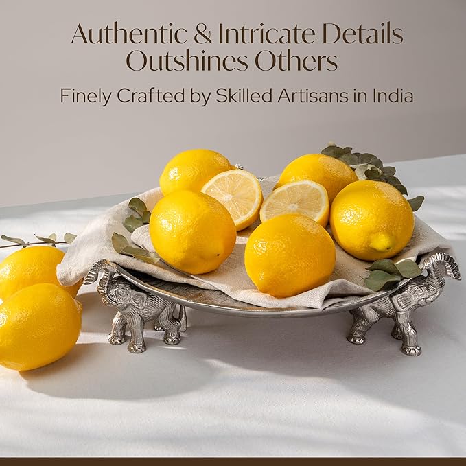 Round Decorative Tray with Elephant Stands, Silvery – Tray for Coffee Table, Home Decor, Centerpiece, Serving Platter & More – Circular Tray with Symbolic Elephants