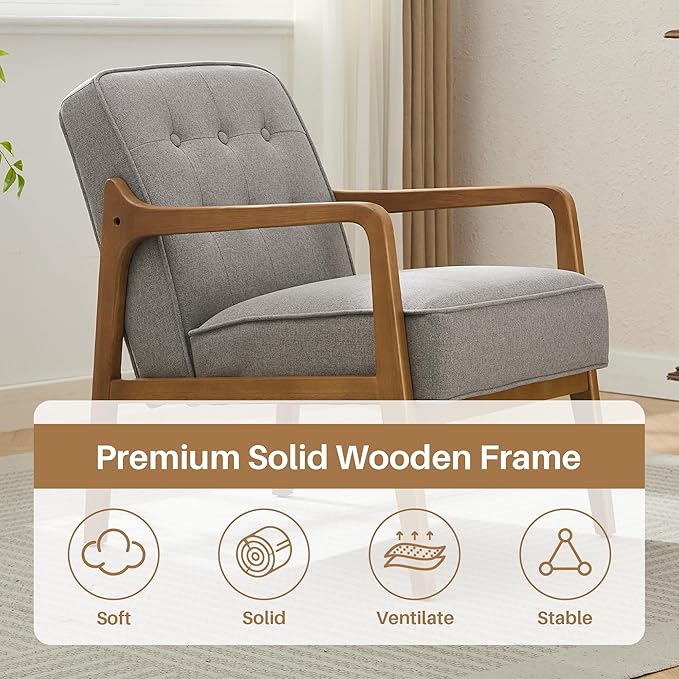 Linen Accent Chair, Mid Century Modern Chair for Living Room, Upholstered Comfy Lounge Armchair with Solid Wood Frame, Reading Side Chair for Bedroom,105°Ergonomic Comfort, Grey