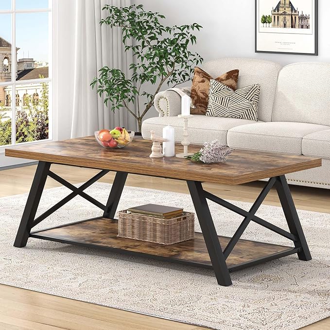 EXCEFUR Modern Coffee Table, Wood and Metal Living Room Center Table with Storage Shelf, Industrial Rectangle Cocktail Tea Table, Rustic Brown, 47 Inch