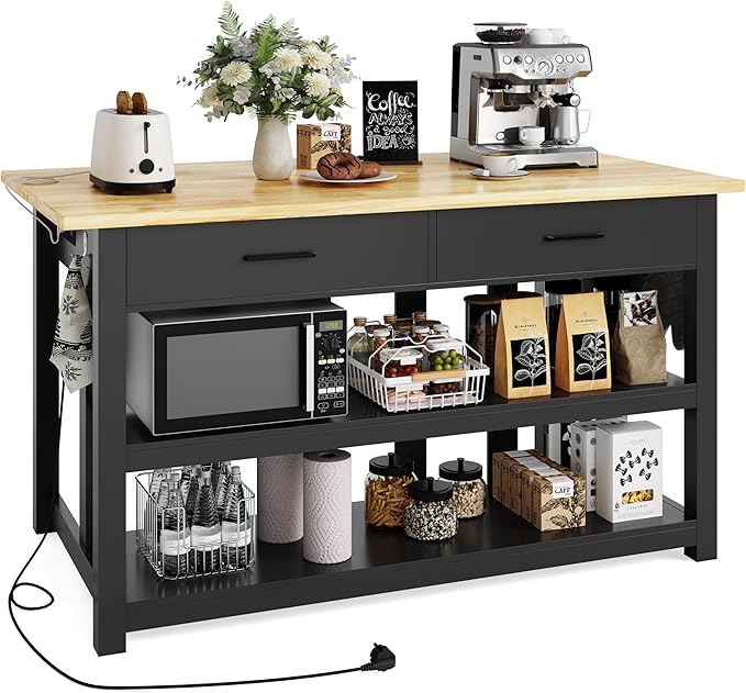 47.3" Solid Rubberwood Kitchen Island with Power Outlets - Extra Large Work Surface, 2 Drawers & Open Shelves Storage Cabinet for Kitchen Dining Room, Farmhouse Style (Black)