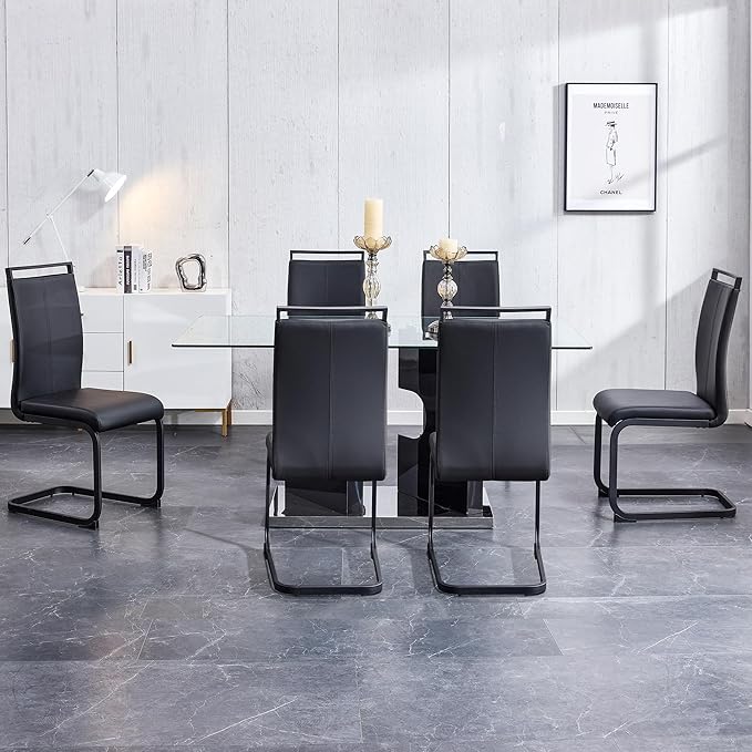 Glass Dining Room Table Set for 6,Dining Table Set for 6 with PU Leather Chairs,Retangular Dining Table with MDF Table Legs and Sliver Base for Dining Room