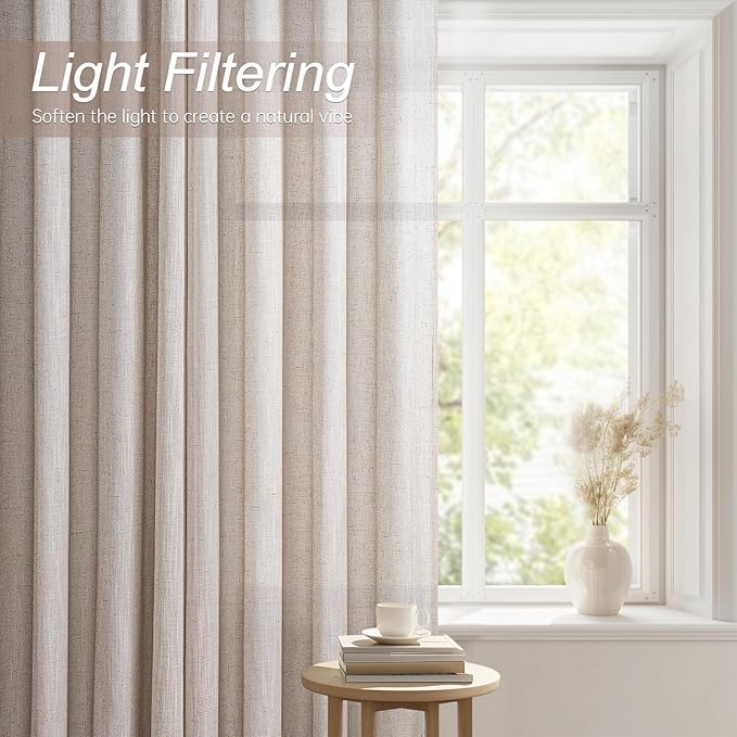 96 Inch Curtains Linen Sheer Curtains 2 Panels Set for Windows Flax Linen Textured Pleated Drapes Privacy Light Filtering Grey Beige Curtain Drape with Grommet for Living Room Bedroom