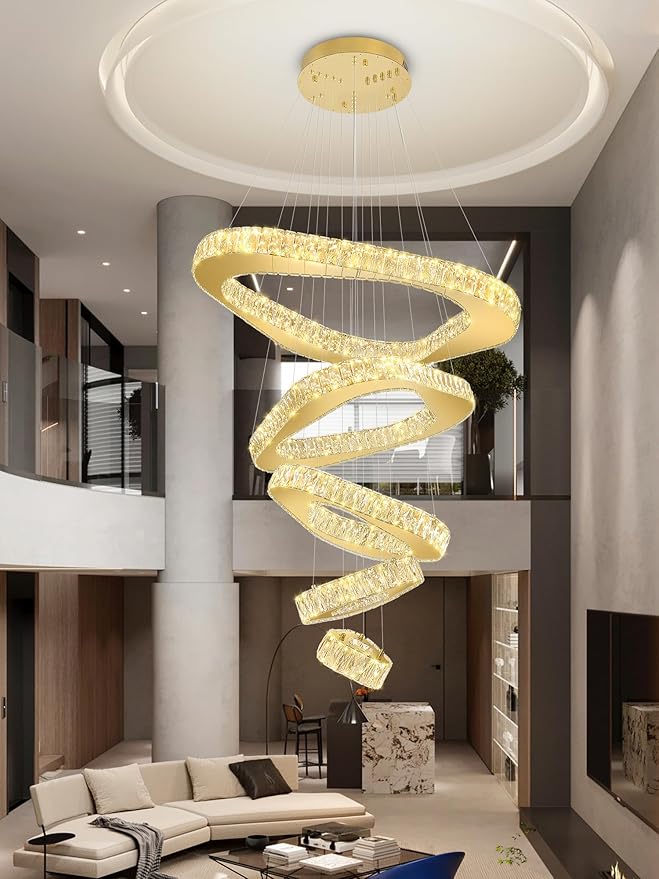 Large Modern Chandeliers 5 Ring Chandelier for High Ceiling Dimmable Gold Chandeliers High Ceiling Foyer Chandelier for Living Room Dining Room Staircase