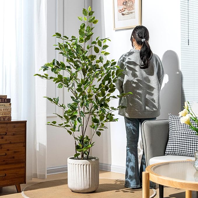Artificial Ficus Tree Indoor 5ft, Large Potted Faux Tree with Realistic Silk Leaves & Trunk for Home Office, Living Room Corner Decor