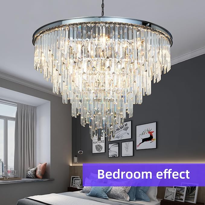 39'' Modern Crystal Chandelier, Chrome Round Ceiling Light with Clear Prisms, Luxury Flush Mount Lighting Fixture for Dining Room Bedroom Foyer