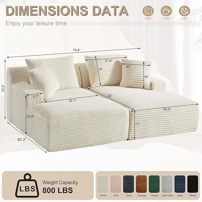 GNIXUU 78.8" Corduroy Boneless Chaise Lounges Sofa, Oversized Double Lounge Chair Indoor, Fluffy Upholstered Cloud Loveseat Sleeper Couch Bed for Living Room Bedroom Reading(Beige)