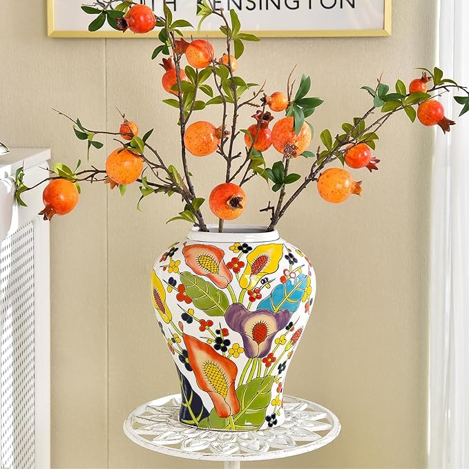 Sungmor Decorative Ceramic Ginger Jar with Lid, Floral Pattern Porcelain Temple Storage Jar, 14" Hand Painted Ceramic Flower Vase for Centerpiece, White Glazed Vase for Flower Arrangement, Home Decor