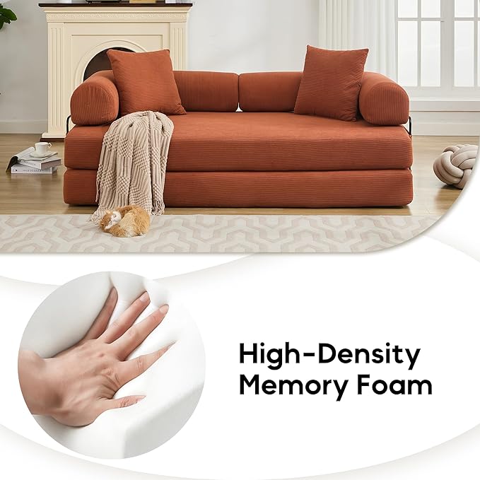 Convertible Sleeper Sofa Bed with Cylindrical Pillow, Corduroy Folding Mattress Couch with Fixed-Shape Frame, Floor Sofa Lounge Couch for Living Room Bedroom Lounge Studio, Orange