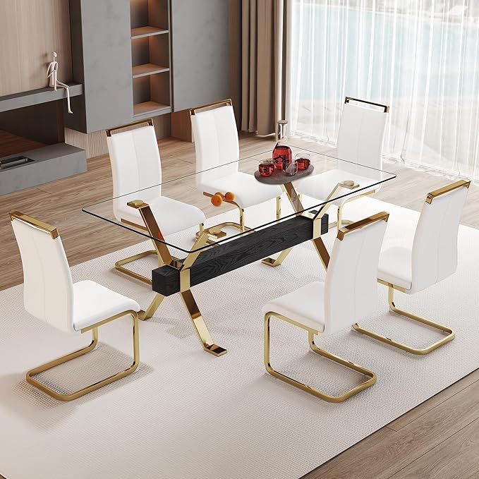 7 Piece Glass Dining Table Set, Kitchen Table Chairs Set for 6, 71'' Dining Table with 0.4" Tempered Glass Tabletop with Plated Metal Legs and MDF Crossbar, 6 PU Chairs for Dining Room, Kitchen.