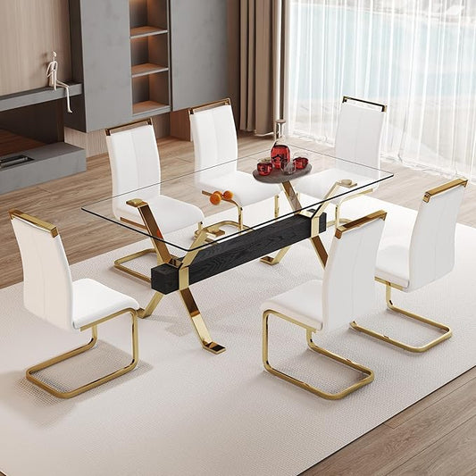 7 Piece Glass Dining Table Set, Kitchen Table Chairs Set for 6, 71'' Dining Table with 0.4" Tempered Glass Tabletop with Plated Metal Legs and MDF Crossbar, 6 PU Chairs for Dining Room, Kitchen.