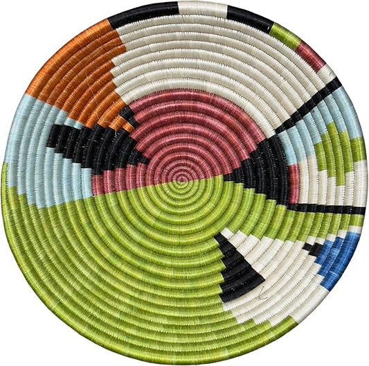 Handwoven African Basket Handmade sisal Fruit Bowl Wall Hanging decorative Baskets for Home Living Room Kitchen Centerpiece Zen Designs Arts and Crafts (Olive Green Red, 8in diameter)