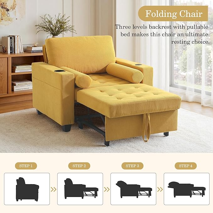 UIXE 3-in-1 Sleeper Chair Pull Out Sofa Bed, Convertible Reclining Seat Upholstered Armchair, Adjustable Backrest Recliner Chair with Side Pockets, Cup Holder & USB Ports - Yellow