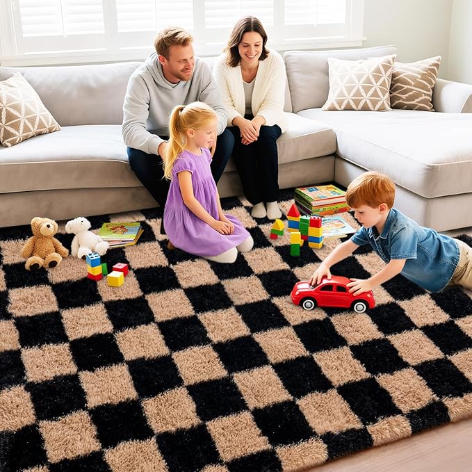 Checkered Rug for Living Room 8x10, Ultra Fluffy Fuzzy Shag Large Area Rug for Bedroom, Modern Plush Soft Upgrade Non-Slip Carpet for Kids Girls and Boys Room Dorm Home Decor, Black and Beige