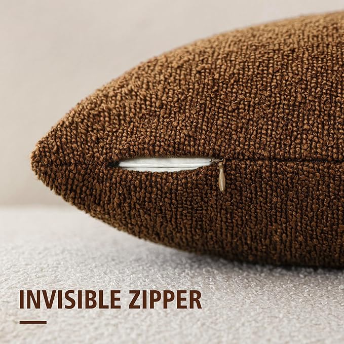 Foindtower Set of 2, Decorative Textured Boucle Throw Pillow Covers Accent Solid Pillow Cases Neutral Soft Cozy Couch Cushion Case for Chair Sofa Bedroom Living Room Home Decor 16x16 Inch Hazel Brown