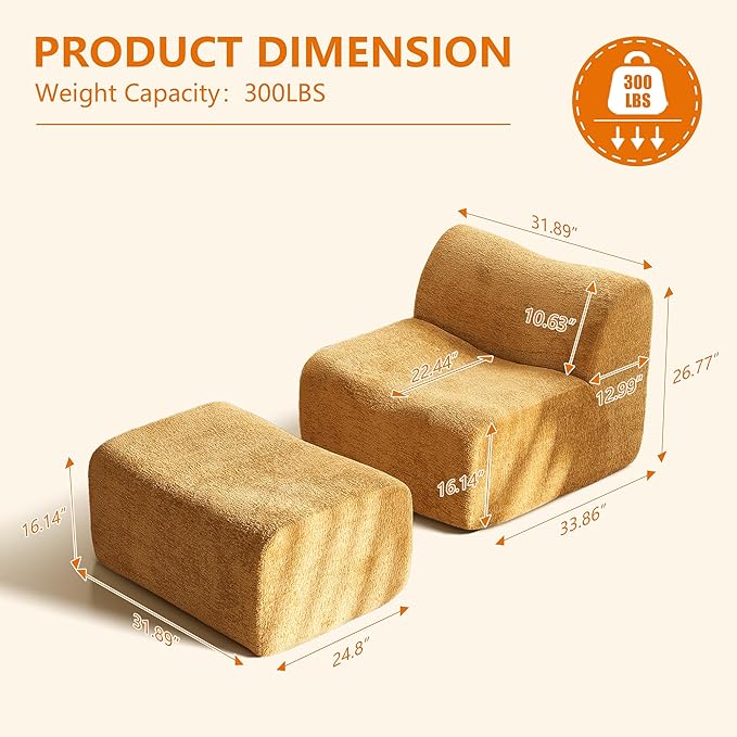Lazy Sofa Chair, Modern Comfy Raindrop Velvet Fabric Deep Seat Armless Lounge Chair Movable Ottoman Set, 1-Seater Modular Sectional Sleeper Couch for Living Room, Bedroom, Office, Salon,Yellow