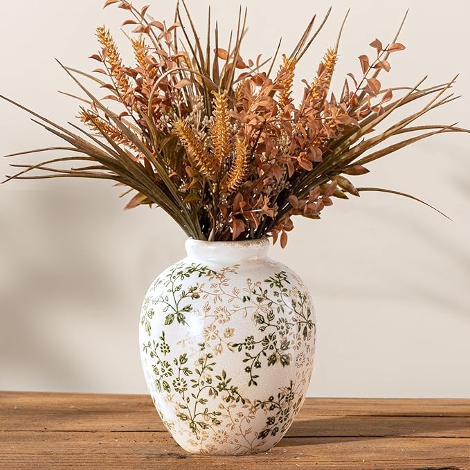 Ceramic Rustic Vase, Green and Beige Flower Vintage Decorative Vase Chinoiserie Decor Rustic Farmhouse Retro Floral Vases for Table Bookshelf Mantel Kitchen Living Room Office- 7.8inch