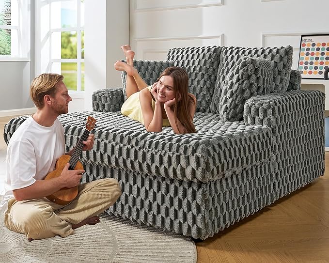VanAcc 53 Inch Chaise Lounge Indoor, Upholstered Sofa Bed with Throw Pillows and Armrests, Sleeper Bed- Plush Lounge Chair for Living Room, Ash Grey
