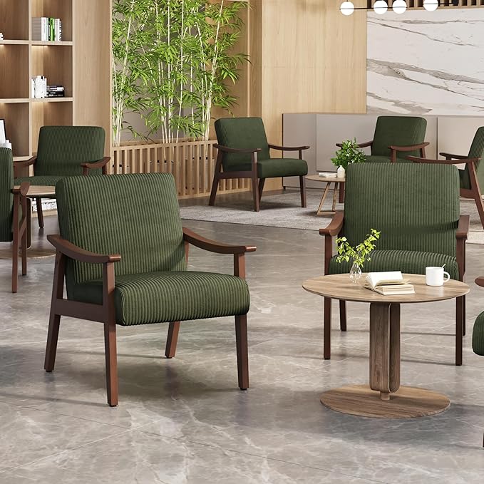 Yaheetech Corduroy Accent Chair, Mid-Century Modern Armchair with Solid Wood Legs, Reading Leisure Chair with High Back for Living Room Bedroom Waiting Room, Set of 2, Dark Green