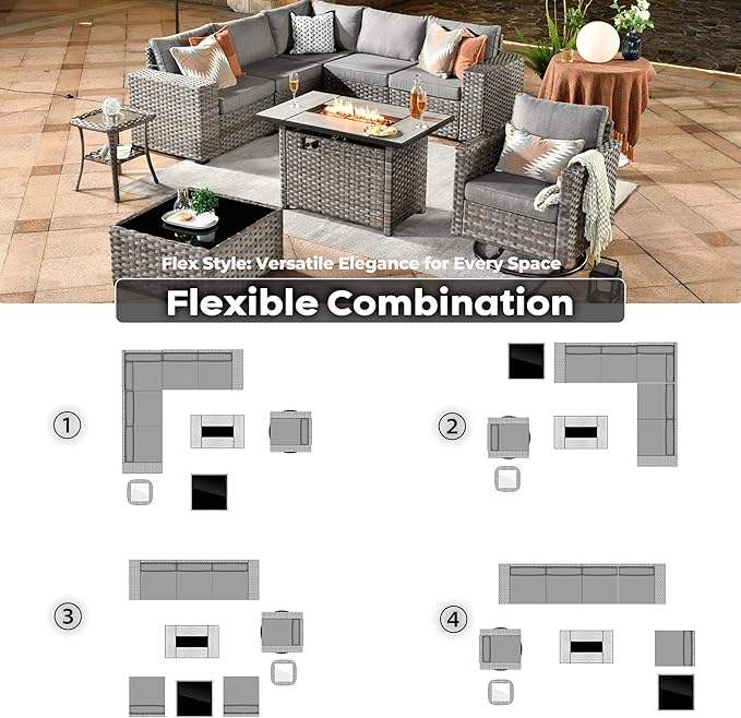 ovios 9 Pieces Patio Furniture Set, Outdoor Wicker Sectional Sofa with 42" Fire Pit Table Swivel Chair, Modern Modular Deep Seat Rattan Couch Conversation Sets, Dark Grey