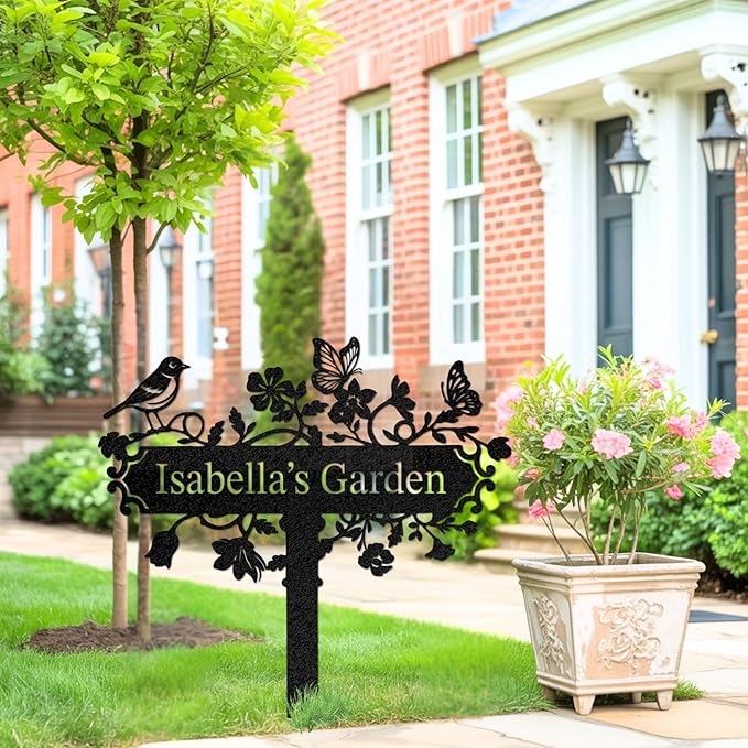 Custom Metal Garden Stake, Personalized Name Sign Decor, Hummingbird Yard Sign with Stakes, Outdoor Gardening Home Decor, Garden Metal Gifts for Gardeners