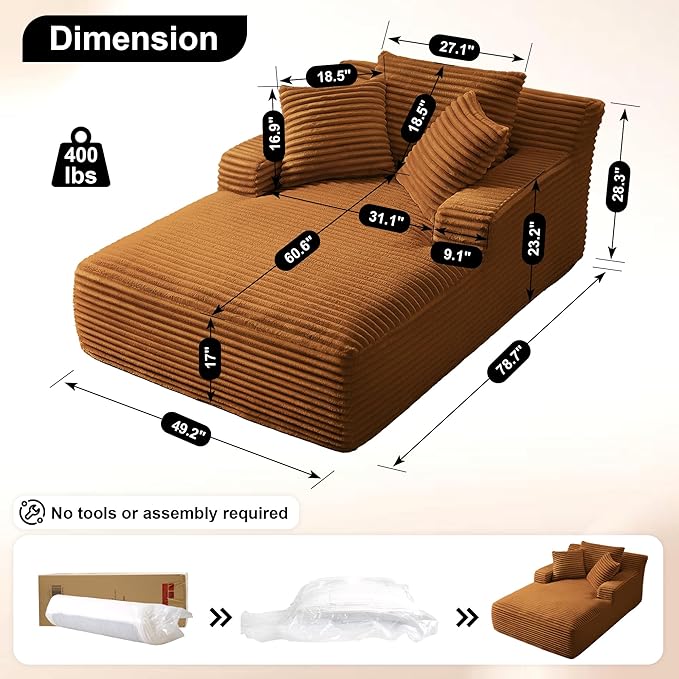 Boneless Couch Sofa Chiar Chaise Lounge Chair Indoor Upholstered Corduroy Couch Cloud Sleeper Sofa Oversized Reading Chair for Living Room No Assembly Required (Orange, 50" W x 80" D)