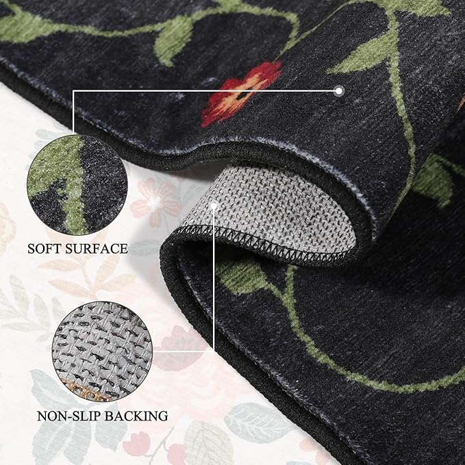 DUKINO 4x6 Feet Office Chair Mat, Lightweight Non Slip Washable Floral Area Rug, Indoor Low Pile & Non-Shedding Boho Design Rugs for Bedroom, Living Room, Dining Room, Black