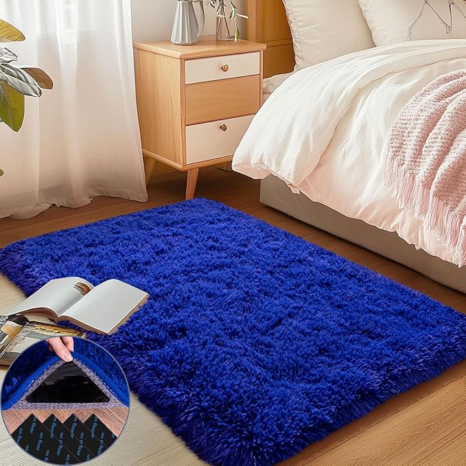 Blue Area Rug for Bedroom, Small 2x3 Rugs for Living Room Nursery Kids Room Dorm Home Decor Aesthetic, Fluffy Shaggy Rug with 4 Anti-Slip Carpet Tapes, Navy Blue
