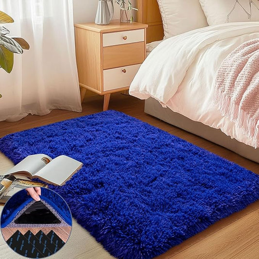 Blue Area Rug for Bedroom, Small 2x3 Rugs for Living Room Nursery Kids Room Dorm Home Decor Aesthetic, Fluffy Shaggy Rug with 4 Anti-Slip Carpet Tapes, Navy Blue