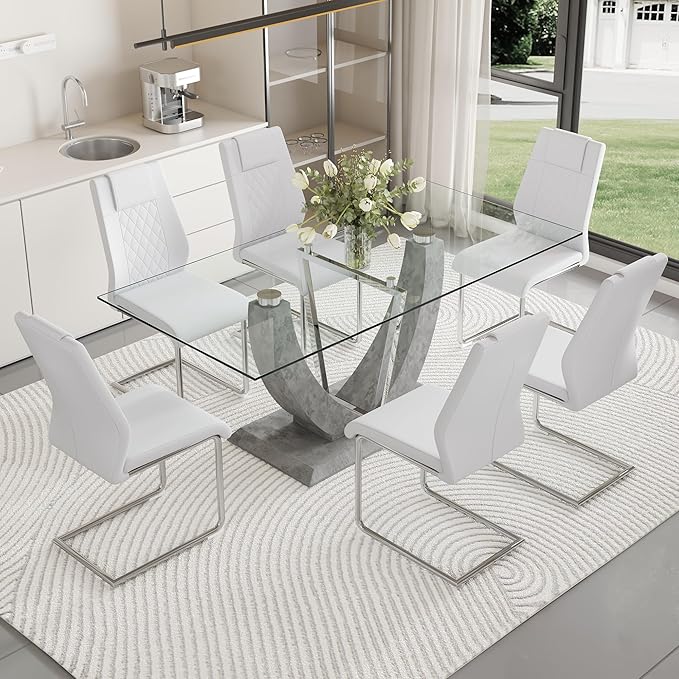 Glass Dining Table Set for 6, 7 PCS Kitchen Table Set with 6 Chairs,71" Tempered Glass Tabletop with Upholstered Chairs, Suitable for Dining Room and Kitchen