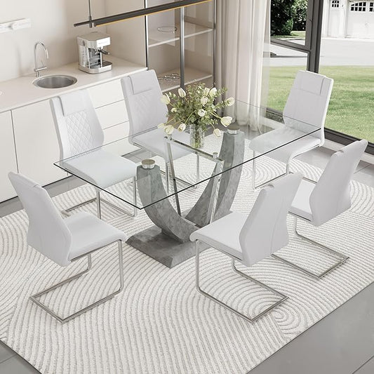 Glass Dining Table Set for 6, 7 PCS Kitchen Table Set with 6 Chairs,71" Tempered Glass Tabletop with Upholstered Chairs, Suitable for Dining Room and Kitchen
