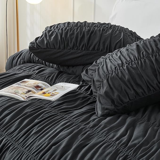 Bonlino King Size Comforter Set - Ruched Black Comforter King Bed Set Boho Shabby Chic Bedding - Fluffy 3 Piece Ruffle Comforter Set with Pillow - Soft and Luxury