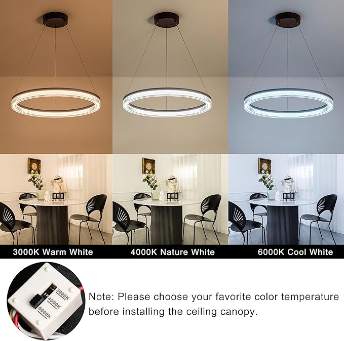 Modern Black Led Pendant Light,24W Dimmable LED Chandelier Lighting Fixture, 1 Ring Circular Hanging Led Pendant Lighting for Living Room Dining Room Kitchen Island Foyer Office