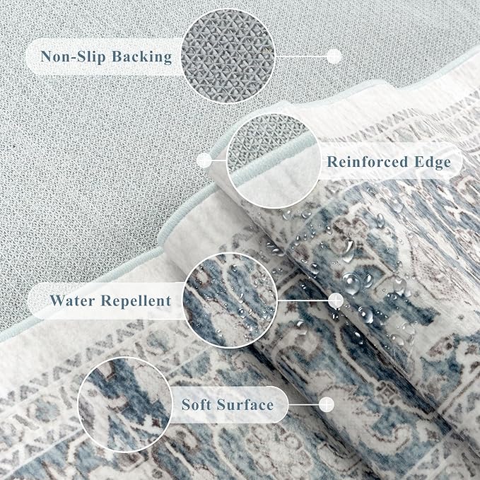 LIVEBOX Washable Area Rug 8x10 - Large Blue Vintage Tribal Living Room Rug Oriental for Bedroom, Non-Slip Retro Medallion Carpet Print Distressed for Dining Room Guest Office