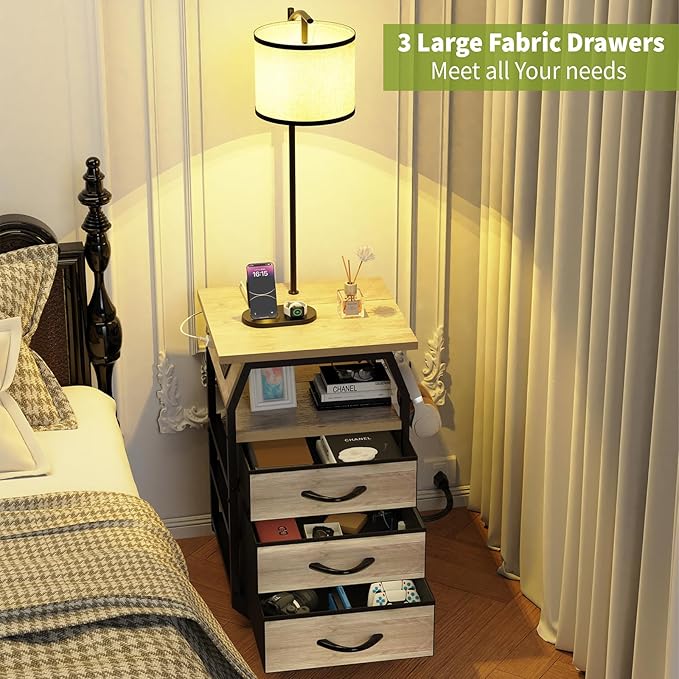 Floor Lamp with Table Set of 2, End Tables with Lamps Attached 3-Color Temperature Bulb, Side Table with Lamp with 3 Drawers & Charging, Lamps Tables Combo for Bedroom, Dorm Apartment - Greige