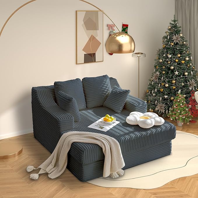 55 Inch Chaise Lounge Indoor - Oversized Chaise Lounge with 4 Throw Pillows and Armrets, Upholstered Plush Sofa Bed, Corduroy Lazy Chair Bed, Sleeper Chair for Living Room or Bedroom, Gray
