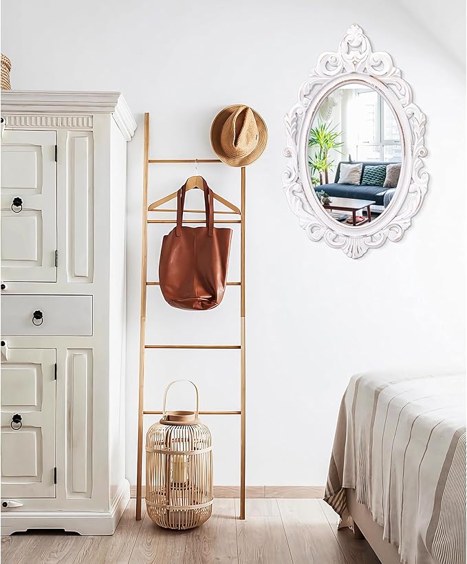 Oval Wooden Mirrors with Frame White Vintage Wall MirrorArendahl Traditional Carved Baroque Style Hanging Mirror for Wall Antique Decorative Mirror for Vanity Bedroom Living Room Bathroom Entryway