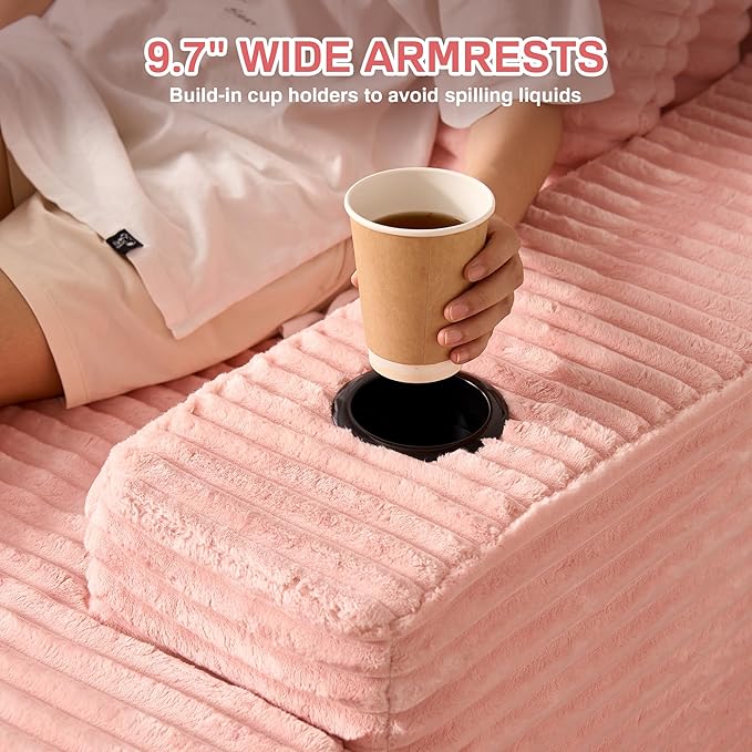 Chaise Lounge Chair Indoor, 67" Oversized Comfy Plush Fur Sleeper Sofa Bed with Cup Holders and Wide Armrests, Boneless Upholstered Recliner Bed, Modern Cloud Couch for Living Room, Pink