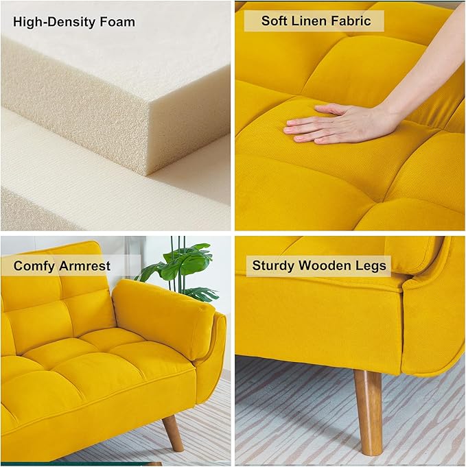 Futon Couch for Small Spaces & Apartment, 2-in-1Modern Comfy Loveseat Convertible Sofa Bed, 75.4-Inch Compact Design for Living Room, Dorms, and Studios-Yellow