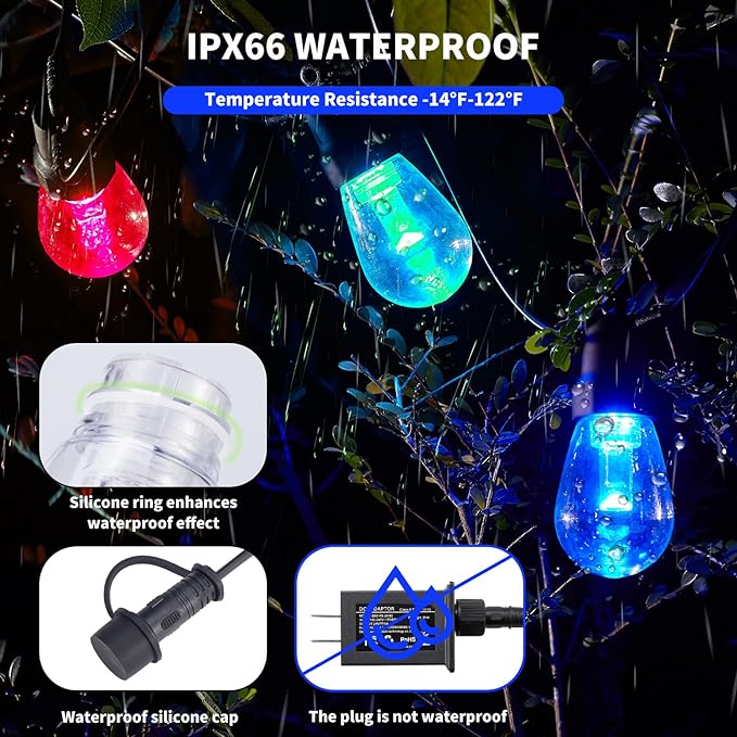 Outdoor String Lights 50FT, Outdoor Lights for Patio with 20 Dimmable RGBW LED Bulbs, IP66 Waterproof Shatterproof, with APP Control & Remote, 24V Adapter Color Change,for Backyard Decor