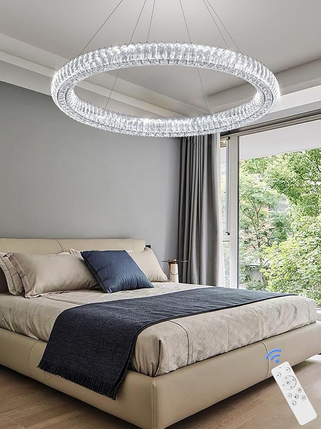 Modern 39.4" LED Ring Crystal Chandelier Adjustable Round Chrome Crystal Chandelier Dining Room Living Room Dimmable 3000K-6000K