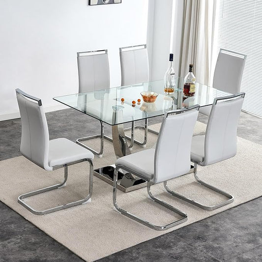 63” Glass Dining Table Set for 6,Modern Dining Room Table Set for 6,Kitchen Table and PU Leather Chairs for 6, Dinner Table with Rectangle Tempered Glass Top and Chrome Silver Base