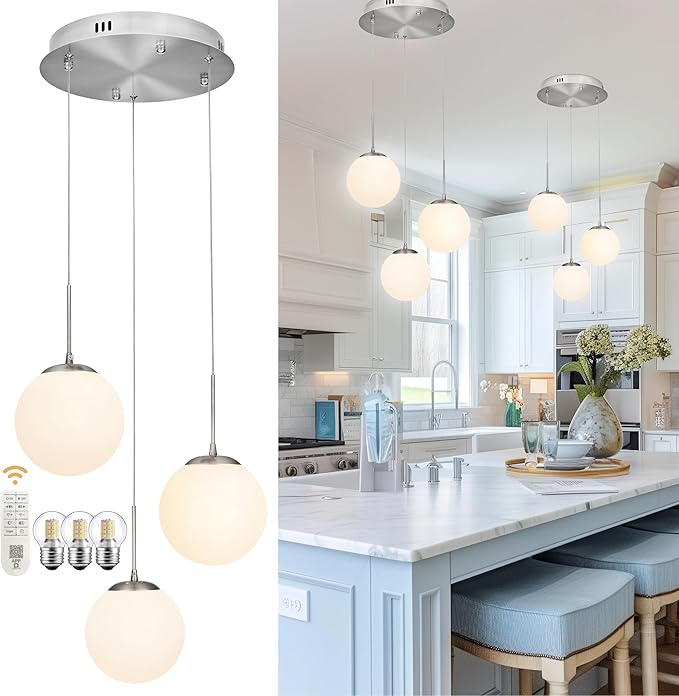KoKo&Yukina 3-Light Globe Glass Pendant Light Modern Nickel Glass Chandelier Adjustable Length Pendant Lights Fixtures with Milky White Globe Ceiling Light for Kitchen Island (Bulb & Remote Incl.)
