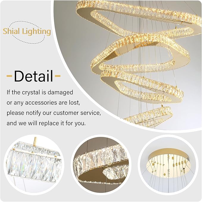 Modern Led Gold Chandelier Adjustable 3 Rings Crystal Chandelier for Living Room Foyer Stairwell Lighting High Ceiling Light Dimmable 2700K-6000K