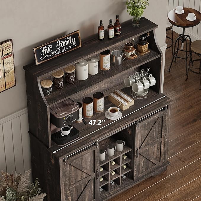 47 Inch Farmhouse Coffee Bar Cabinet with 3-Tier Storage, Coffee Bar Hutch with 9 Wine Racks, 3 Glass Holders, 6 Hooks, Kitchen Storage Cabinets for Dining Living Room, Oak