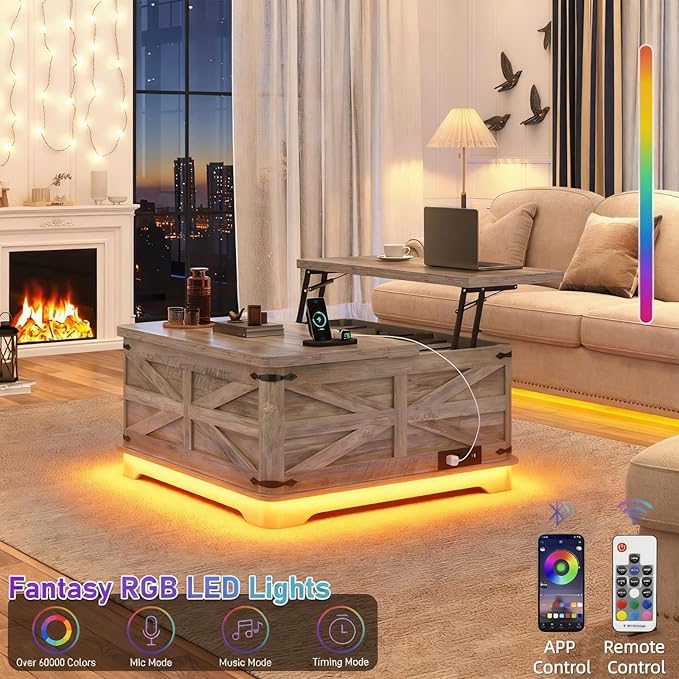 36" Farmhouse LED Lift Top Coffee Table with Storage and Power Outlets, Square Wood Living Room Tables with LED Lights & Large Hidden Space, Lift Wooden Barn Door Center Table, Grey