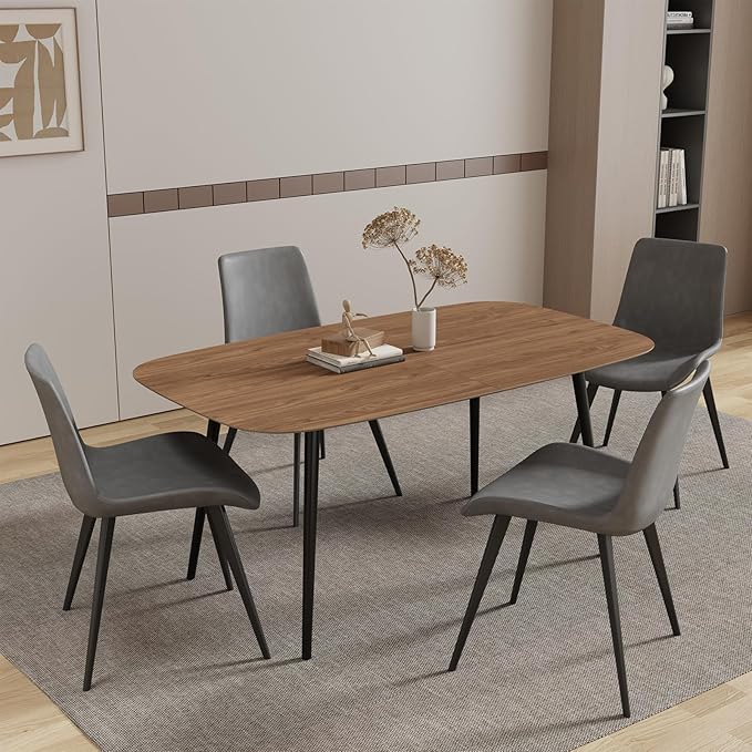 55.1'' Dining Table Set for 4,Modern Wood Dining Table,Leather Dining Chairs 4,Table and Chairs Set of 4,Ideal for Kitchen Dining Room (Walnut Color Table + 4 Grey Chairs)