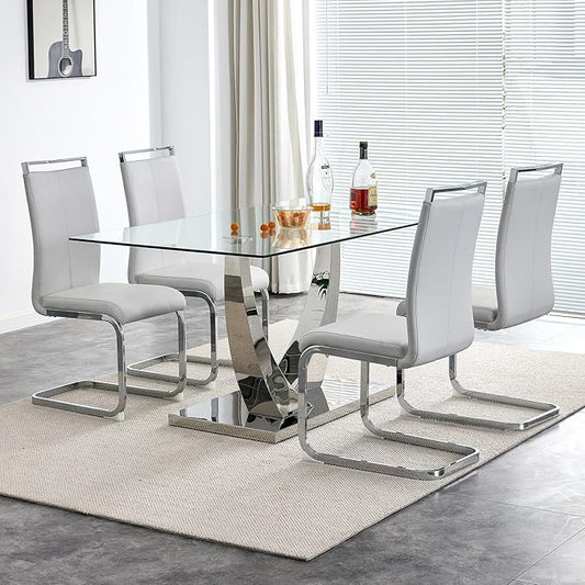 63” Glass Dining Table Set for 4,Modern Dining Room Table Set for 4, Kitchen Table and PU Leather Chairs, Dinner Table with Rectangle Tempered Glass Top and Chrome Silver Base
