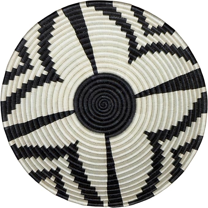 Handwoven African Basket Handmade sisal Fruit Bowl Wall Hanging decorative Baskets for Home Living Room Kitchen Centerpiece Zen Designs Arts and Crafts (Black Natural Floral, 8in diameter)